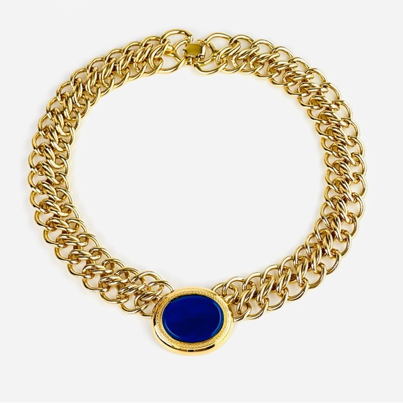 VTG 80s Monet Chunky Chain Link Blue Lapis Glass Gold Plated Collar Necklace - Picture 2 of 14